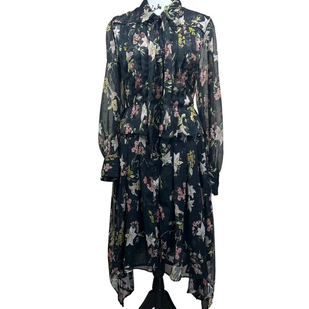 Walter Baker Black floral print pleated long sleeve collar dress size 8 baddie